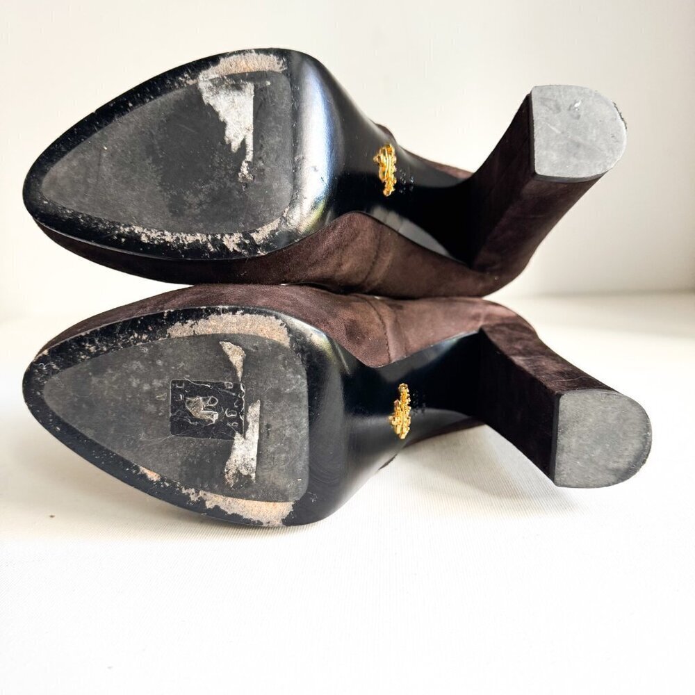 Prada Chocolate Brown Suede Classic Stacked Heel Booties 39.5 - Picture 8 of 11